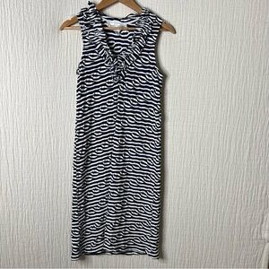 Sara Campbell: Navy and White Striped Midi Dress with Ruffle Neckline size S